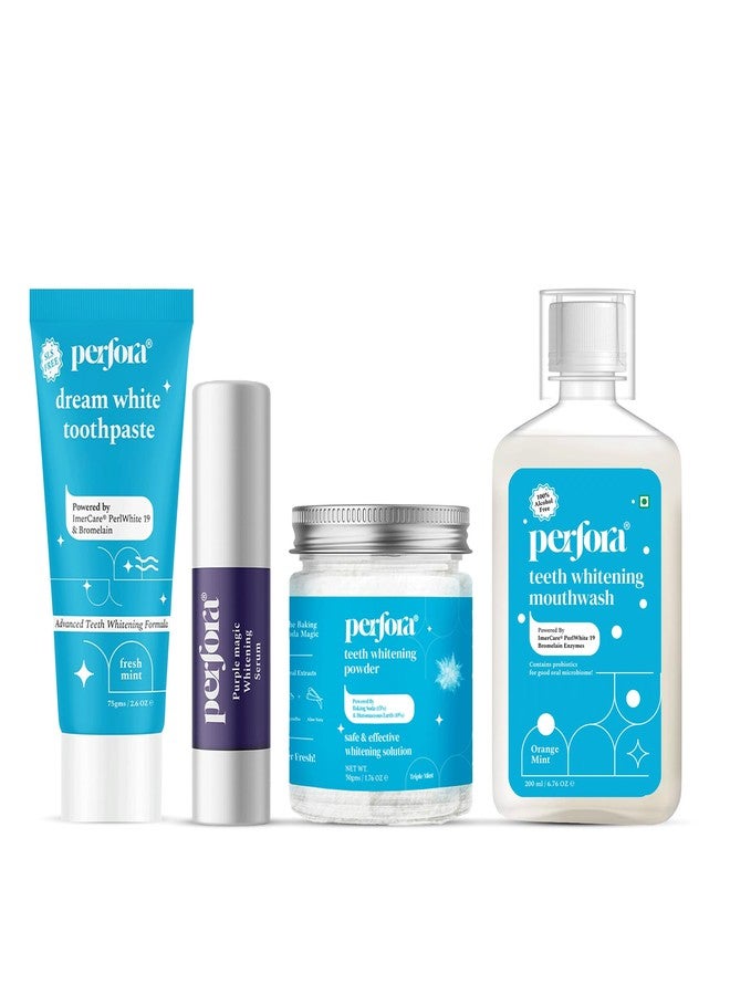 بيرفورا مجموعة بيرفورا للعناية الكاملة بتبييض الأسنان | لتبييض فوري للأسنان | معجون أسنان خالٍ من كبريتات لوريل الصوديوم للبالغين | خالٍ من المحليات الصناعية | منتجات تبييض أسنان آمنة وفعالة للمينا | عبوة من 4 قطع - Image 1